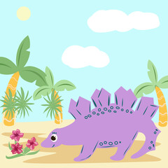 Purple stegosaurus looks at the flowers