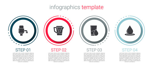 Set Mechanical pump for water, Water jug with filter, Glass and drop. Business infographic template. Vector