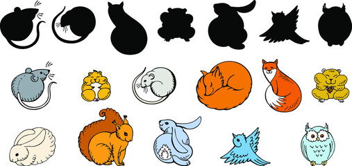 Cute forest animals. Mouse, Hare, fox, bird, owl, squirrel, hamster. Colorfull and flat stock illustration. Hand drawn vector sketch and silhouettes.