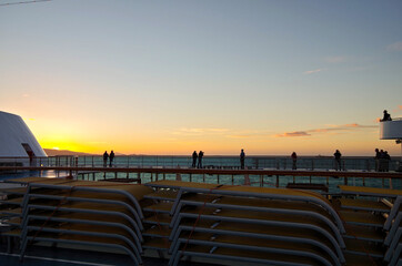 Amazing breathtaking sunrise twilight blue hour landscape scenery seen from outdoor open deck of...