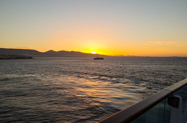 Amazing breathtaking sunrise twilight blue hour landscape scenery seen from outdoor open deck of...