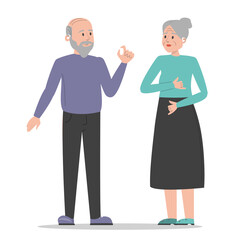 Deaf people talking using sign language vector isolated. Senior characters with disability, hear loss. Old woman and man talking.