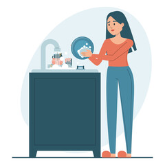 Woman washing dishes vector isolated. Everyday routine, housework. Hygiene at the kitchen. Female character cleaning plates using sponge.