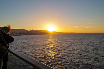 Amazing breathtaking sunrise twilight blue hour landscape scenery seen from outdoor open deck of...