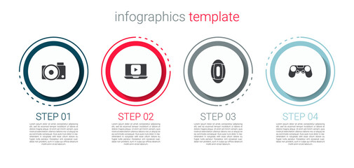 Set Photo camera, Online play video, American Football ball and Gamepad. Business infographic template. Vector
