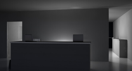 Background with empty reception desk in a late night office with low lighting. Workplace in the office after finishing work. 3D render.