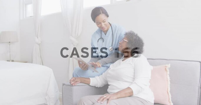 Animation of covid 19 text over female doctor and senior patient using tablet