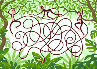 Three monkeys with long tails hang from vines in the jungle. Guess which monkey grabbed a banana with its tail? Children's puzzle with a labyrinth.