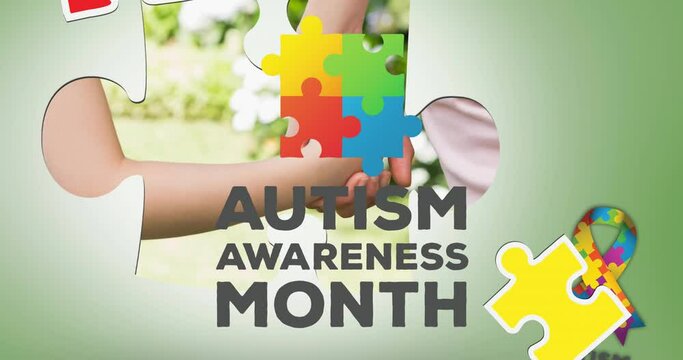 Animation of autism awareness month text with puzzles falling over mother and child holding hands