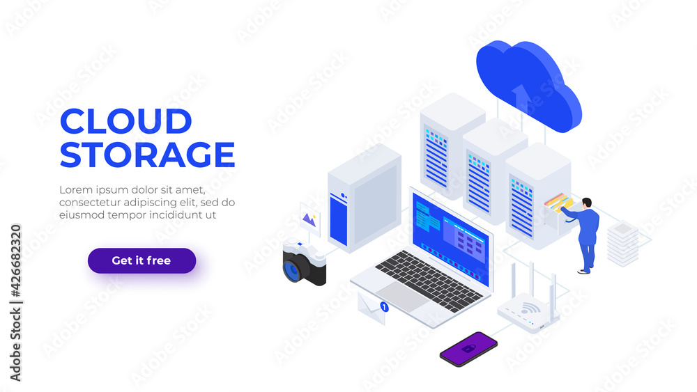 Poster Isometric cloud technologies design concept with character. Vector illustration. Landing page template for web