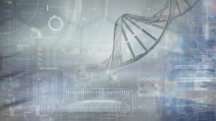 Animation of medical data processing and dna strand spinning over cityscape - Powered by Adobe