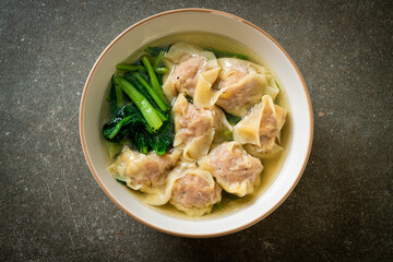 pork wonton soup or pork dumplings soup with vegetable