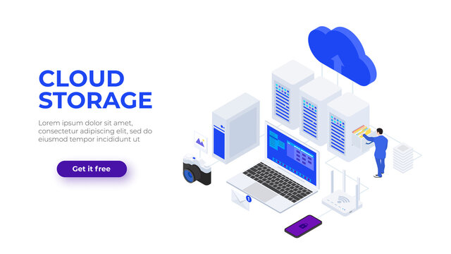 Isometric cloud technologies design concept with character. Vector illustration. Landing page template for web