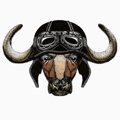 Buffalo Bison mascot head. Animal portrait. Vintage motorcycle biker helmet.
