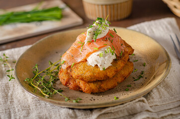 Delicious latkes with salmon