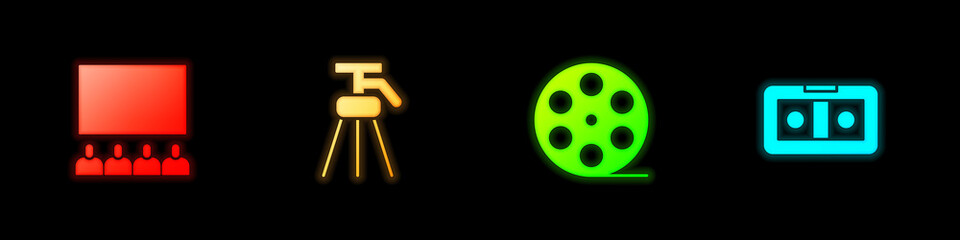Fototapeta premium Set Cinema auditorium with screen, Tripod, Film reel and VHS video cassette tape icon. Vector