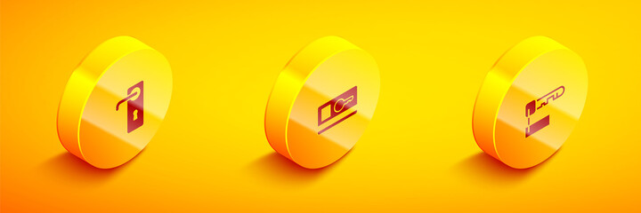Set Isometric Door handle, Key card and Marked key icon. Vector