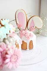 Easter cake with icing and color decoration, delicious Easter dessert