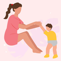mother holds her son's hands, first steps, illustration for mother's day. Mother and son.