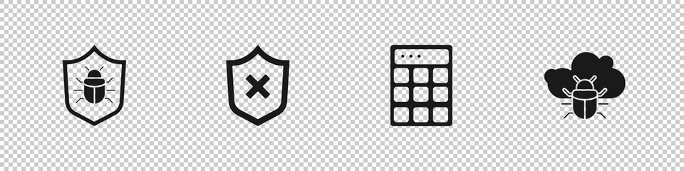 Set System bug, Shield with cross mark, Password protection and cloud icon. Vector