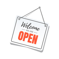 Welcome we are open sign. Flat style blue open signboard. Vector illustration