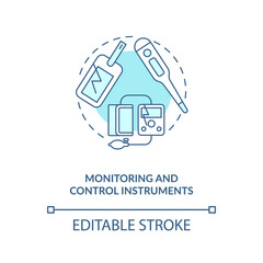 Monitoring and control instruments concept icon. E-waste category idea thin line illustration. Heating regulators. Surveillance cameras. Vector isolated outline RGB color drawing. Editable stroke