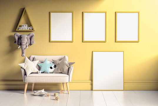 Three photo frame for mockup in childern room, 3D rendering, yellow wall