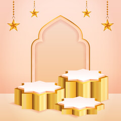 3d product display peach color and gold podium themed islamic with star for ramadan