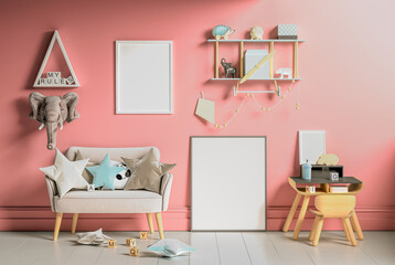 Mock up posters in child room interior, posters on empty pink wall background,3D rendering