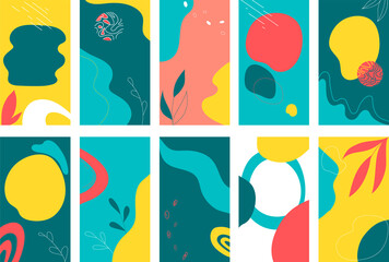 Fototapeta premium Social Media TEMPLATES of abstract shapes and botanical flower in multicolors. Modern shapes and hand drawn line, flower, leaves. 