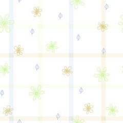 Summer cute white pattern with flowers. Seamless background. Textiles for children in a yellow green blue cage. Minimalism paper scrapbook.