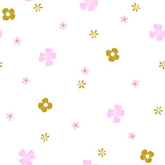 Fototapeta na wymiar Cute white pastel pattern with pink yellow flowers. Textiles for children. Minimalism paper scrapbook for kids.