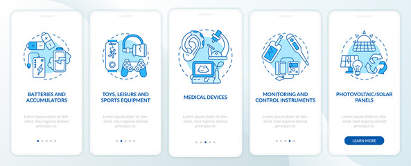 E-trash categories onboarding mobile app page screen with concepts. Accumulators, solar panels walkthrough 5 steps graphic instructions. UI, UX, GUI vector template with linear color illustrations