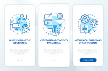 E-trash disposal steps onboarding mobile app page screen with concepts. Sorting, categorizing walkthrough 3 steps graphic instructions. UI, UX, GUI vector template with linear color illustrations