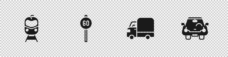 Set Train and railway, Speed limit traffic, Delivery cargo truck and Car icon. Vector