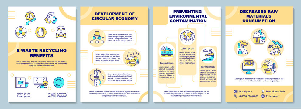 E-waste recycling benefits brochure template. Circular economy. Flyer, booklet, leaflet print, cover design with linear icons. Vector layouts for presentation, annual reports, advertisement pages