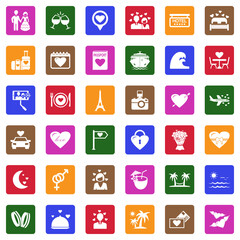 Honeymoon Icons. White Flat Design In Square. Vector Illustration.