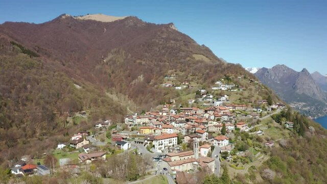 Aerial footage of Lugano lake and the Monte Brè village in Canton Ticino in southern Switzerland.