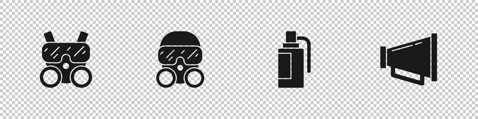 Set Gas mask, , Hand grenade and Megaphone icon. Vector