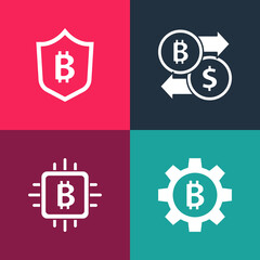 Set pop art Cryptocurrency coin Bitcoin, CPU mining farm, exchange and Shield with bitcoin icon. Vector