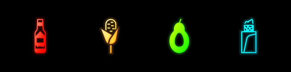 Set Tabasco sauce, Corn, Avocado and Burrito icon. Vector