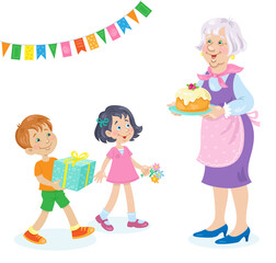 Fototapeta na wymiar Cute children congratulate their beloved grandmother with flowers and gifts. And she treats them by cake. In cartoon style. Isolated on white background. Vector illustration.