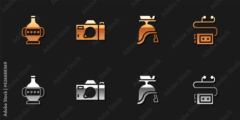 Canvas Prints Set Ancient amphorae, Photo camera, Roman army helmet and Museum audio guide icon. Vector