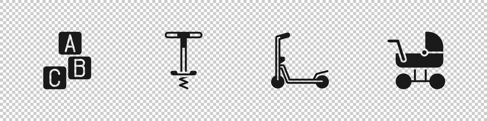 Set ABC blocks, Pogo stick jumping toy, Scooter and Baby stroller icon. Vector