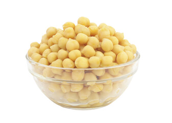 Canned chickpeas in glass bowl isolated on white background