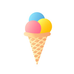 Three scoops of strawberry, pistachio and vanilla ice cream with sprinkles in waffle cone isolated on white background. Simple color ice cream icon. Logo street food. Vector illustration