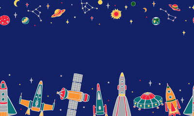 Various cartoon spaceships, stars, planets. Seamless horizontal colored vector pattern on a blue sky background.