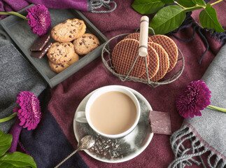 Cup of milk coffee with cookies in box, honey wafer in wire basket in winter setting, on wool knitted blanked. Warm, cozy, comfort concept for cold day. Teatime or coffee time. Winter background