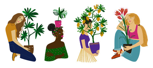 Plant lady illustrations with plant pots