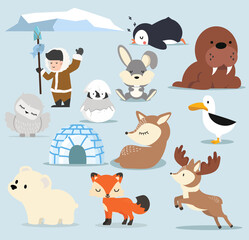 Cute Arctic  flat design Cartoon characters  set
